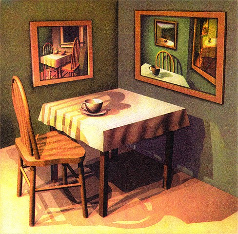 Table, chair, one cup, Reflective, facing mirrors, thinking in a circular pattern