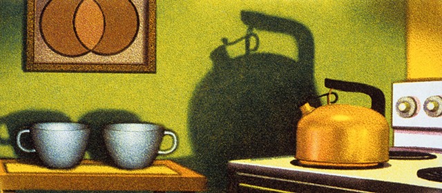 Pregnant tea kettle shadow, anticipation, tea cups in kitchen, stove