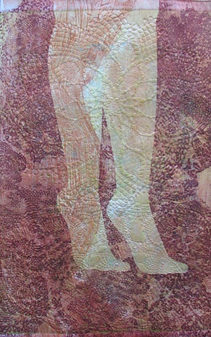 one-of-a-kind collagraph print, red legs against peach