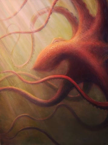 Karl Orion, Karl Poulson, painting, oil painting, Orion painting, painted pods, painted water, octopus, octopus painting