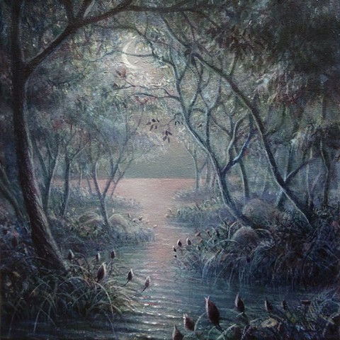 Karl Orion, Karl Poulson, painting, oil painting, Orion painting, painted pods, painted water, tree painting
