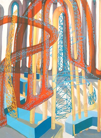 Gouache and Ink Painting of Abstract Industrial Landscape by Kathleen Thum