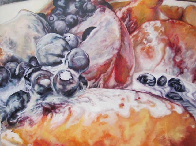 Fruit Painting, Still Life, Oil Painting, Photo realism, Blueberries, Peaches and Cream