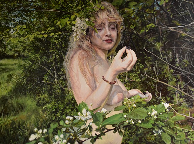 figure painting, nude, blackberry, fruit, innocence, youth, photorealism, garden, nature painting