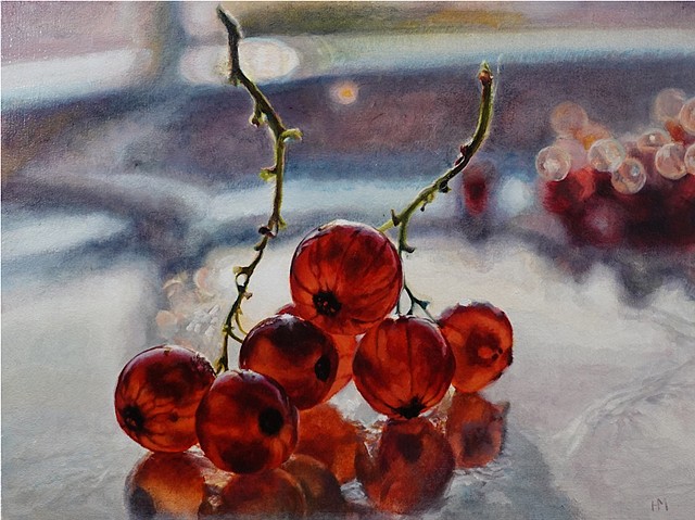 Red currants, fruit painting, red painting, hyperrealism, back lit, contemporary still life, berry painting