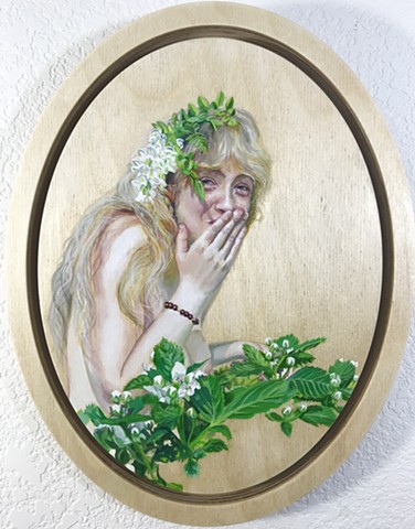 nude painting, figure painting, wood nymph, blackberry bush, flower child