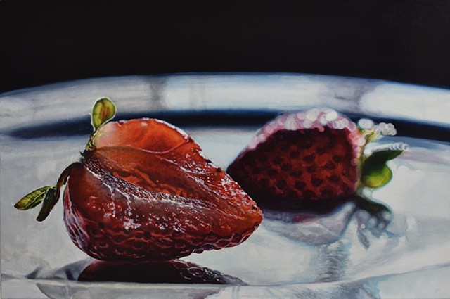 Strawberry painting, still life, oil painting, red painting, statement piece, chiaroscuro, hyperrealism 
