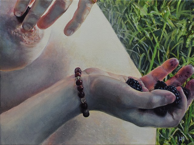 hand, berries, blackberries, breast, bracelet, grass, belly, female figure, hands, oil painting