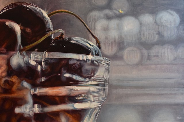 Cherry painting, oil painting, still life, photorealism, hyperrealism, bowl of cherries, statement piece, fruit painting 