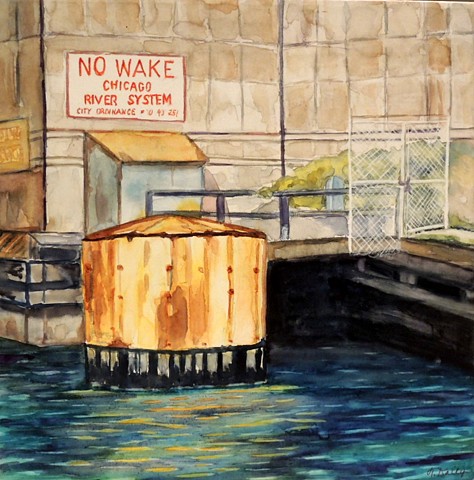 No Wake sign on Chicago River