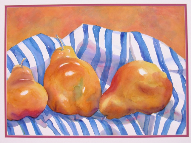 golden pears on blue & white striped cloth