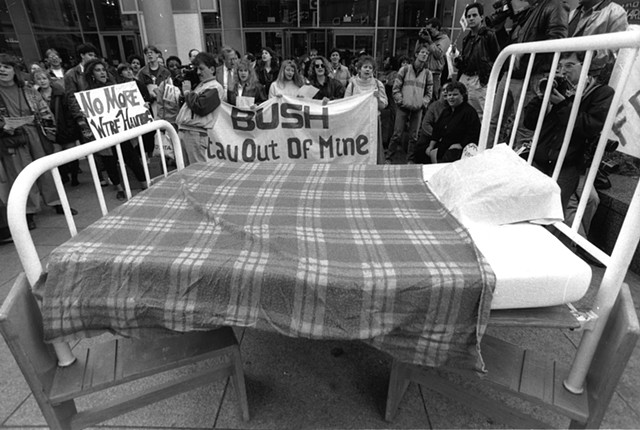 Freedom Bed performance action, Chicago, 1989. Photograph Steve Dalber