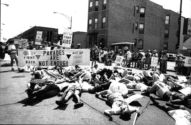ACT UP + Queer Nation die-in, Chicago, 1992. Photograph Genyphyr Novak