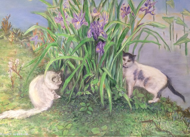 blue flag iris, cats, cats and blue flag iris, drawing, pastel, painting