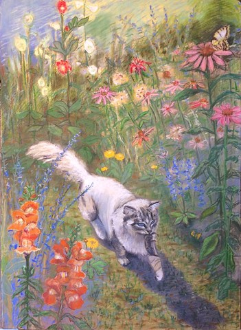 hunting cat with mouse trots through the garden