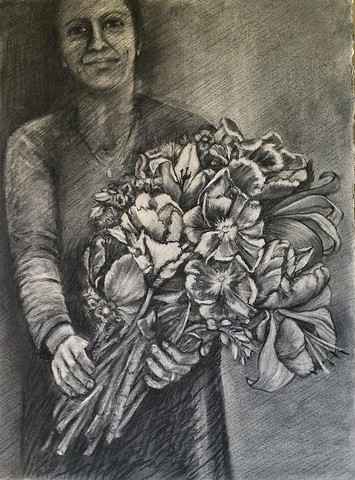 Woman gives bouquet of flowers to viewer, charcoal drawing