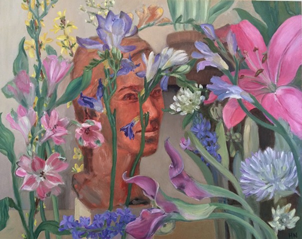hyacinths, freesia, forsythia, alstromeria, pink lily and other flowers with portrait bust