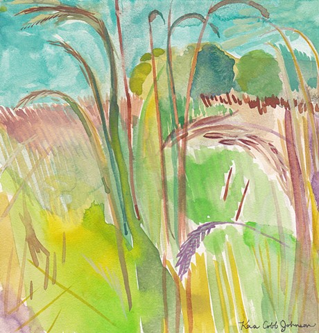 Watercolor Dreamlike Landscape painting of Nature on Illinois Prairie