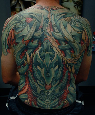 Bio mechanical tattoo, best tattoo arizona, eric james tattoo, the blind tiger, color tattoo, back piece tattoo 