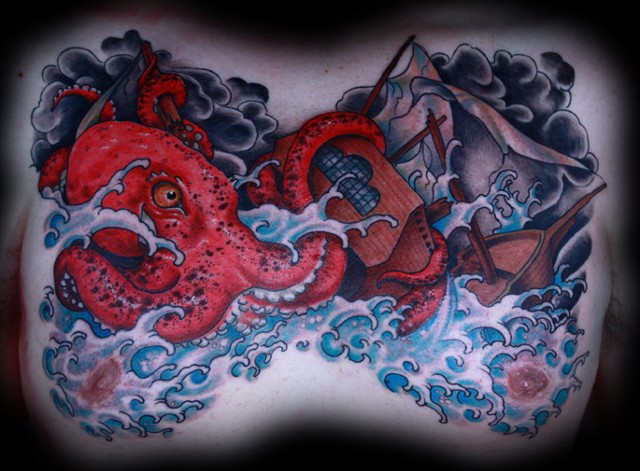 octopus tattoo, clipper ship tattoo, chest tattoo, eric james tattoo, arizona tattoo, phoenix tattoo
