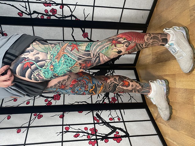 Best tattoo Phoenix Arizona Japanese tattoos dragon koi peony peonies leg sleeve