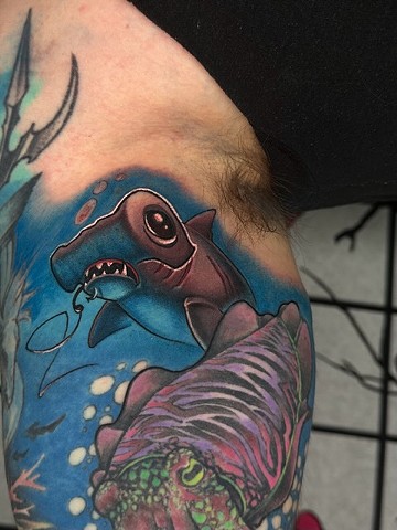 Best color tattoos, New School Tattoo, Phoenix Arizona, Arizona Tattoo Artist, Custom tattoos, Hammerhead shark, shark tattoos, ocean theme tattoos