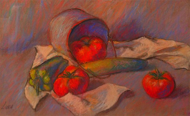 Pastel still life with pail tomatoes and cucumbers by Luna Lewis