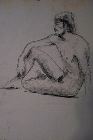 Charcoal drawing of seated nude male dancer by Luna Lewis