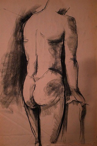 Charcoal drawing of standing nude man from behind by Luna Lewis