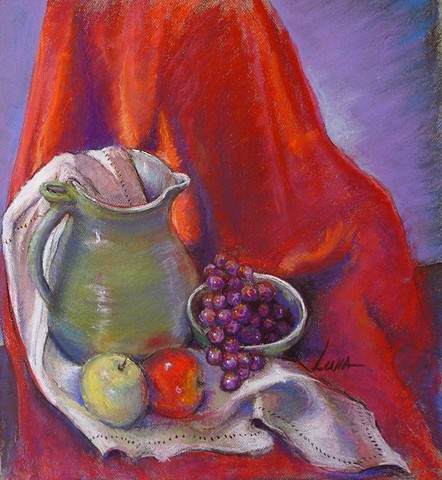 Pastel still life painting of green pitcher with grapes and apples by Luna Lewis