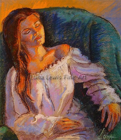 Pastel portrait of girl with long dark hair and white nightgown in green arm chair by Luna Lewis