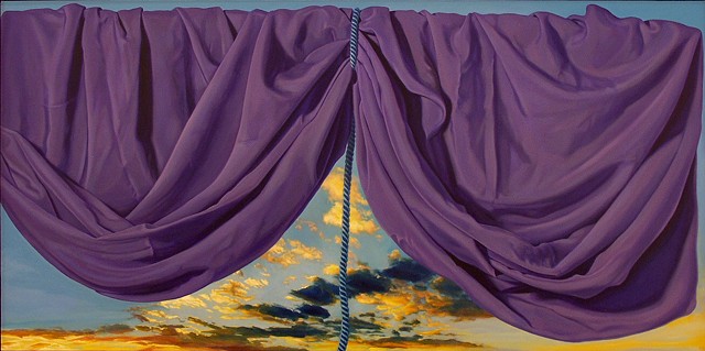 "The brain is wider than the sky" by Pamela Sienna, 18" x 36" still life oil painting, draped cloth held up by cord across sky, title from Emily Dickinson poem, drapery, contemporary realism