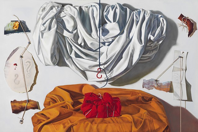"Wrapped (across an arc of time)" by Pamela Sienna, 24" x 36" oil painting still life with draped white cloth, wrapped cloth, trompe l'oeil string, tacks, paper scraps, contemporary realism