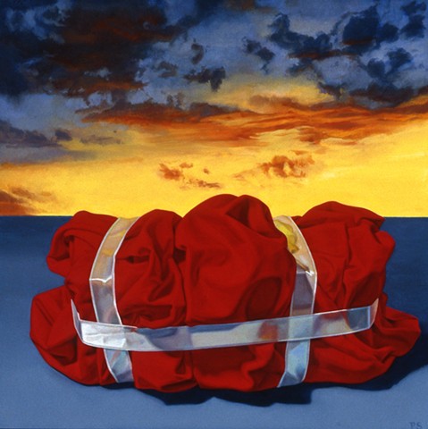 "We Wonder" by Pamela Sienna, 12" x 12" oil painting, wrapped cloth with ribbon, sunset sky, contemporary realism, still life