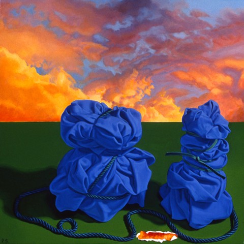 "Confluence" by Pamela Sienna, 12" x 12"  oil painting still life of cloth bound by cord, bright sunset sky with clouds, contemporary realism