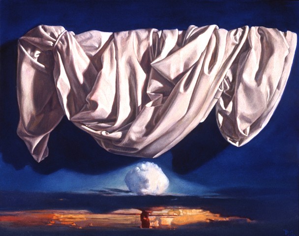 "Surrender" by Pamela Sienna, 11" x 14" oil painting still life of white draped cloth and atomic bomb cloud, contemporary realism