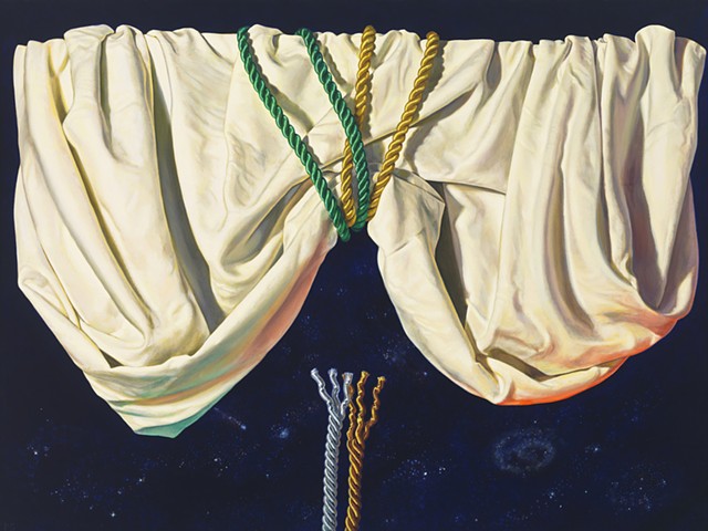 "Falling" by Pamela Sienna, 18" x 24" oil painting, still life, draped cloth and satin cords, drapery across night sky with stars, contemporary realism