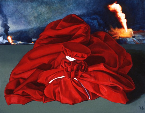 Pamela Sienna still life oil painting of wrapped bound cloth with fire