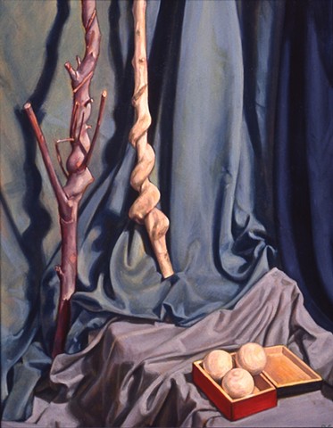 Pamela Sienna oil painting still life of sticks and cloth, realism