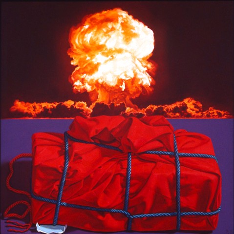 Pamela Sienna, oil painting still life of cloth with explosion, atomic blast