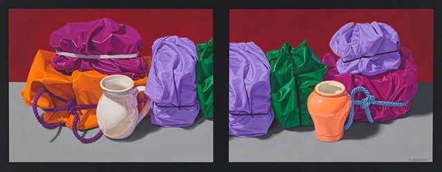 Eight Close memories (visual stutter) by Pamela Sienna - oil still life painting of cloth, diptych painting, contemporary realism