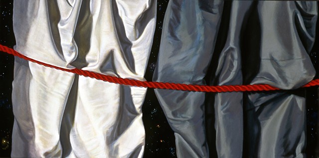 "Curtains #1" by Pamela Sienna, 12" x 24" oil painting, still life of cloth drapery with cord, night sky with stars, contemporary realism