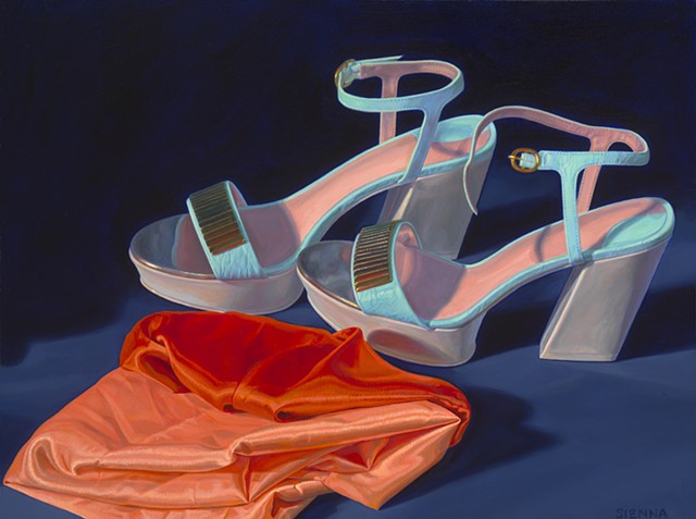 Never Worn (Siriano sandals from 2013) by Pamela Sienna - Christian Siriano shoes, still life painting, platform sandals, cloth, contemporary realism