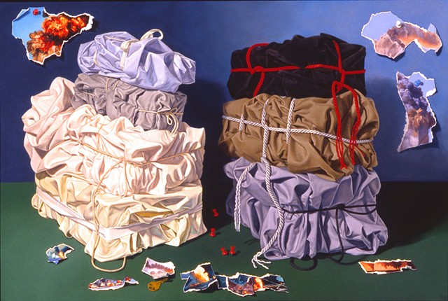"Causes and Effects"  by Pamela Sienna - 24" x 36" - oil painting of cloth towers with torn paper, contemporary still life painting 