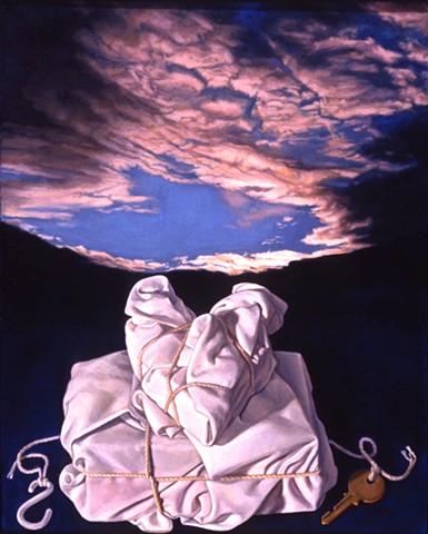 "Wrapped (the luxury of love)" by Pamela Sienna, oil painting of cloth and sky, contemporary realist art, still life