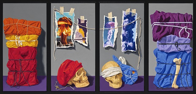 Pamela Sienna contemporary still life painting. Object Project, quadriptych, painting of cloth, skulls, explosions