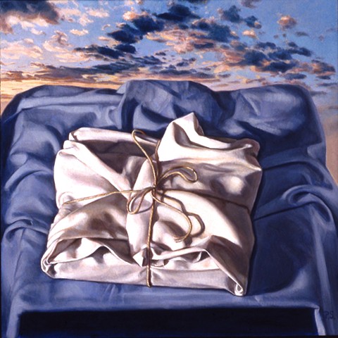 "Wrapped (what awaits)" by Pamela Sienna, 12" x 12" oil painting still life of cloth with sky, clouds, contemporary realism