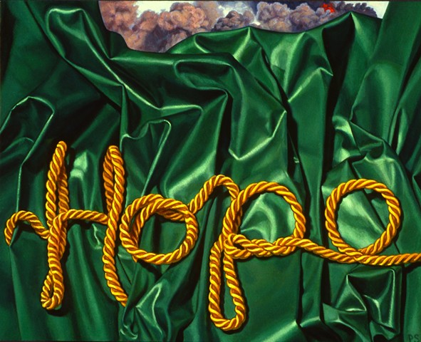 "Hope #2" by Pamela Sienna, 8" x 10" oil painting of green cloth with gold cord spelling Hope, smoke in background, contemporary realism