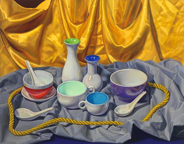 Circling the Still Life #1 by Pamela Sienna - still life oil painting of cloth, bowls, vases contemporary still life, woman painter