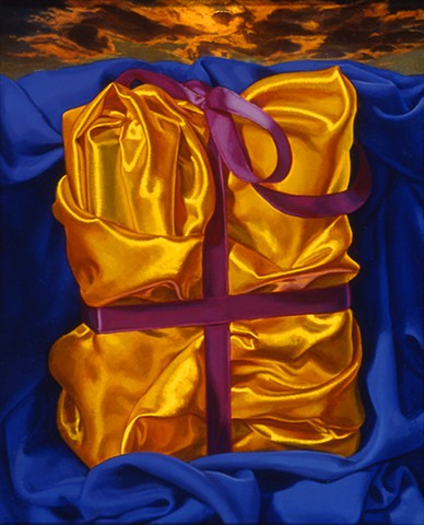 "Book #1" by Pamela Sienna, 10" x 8" oil painting of gold satin cloth with purple ribbon, contemporary realism